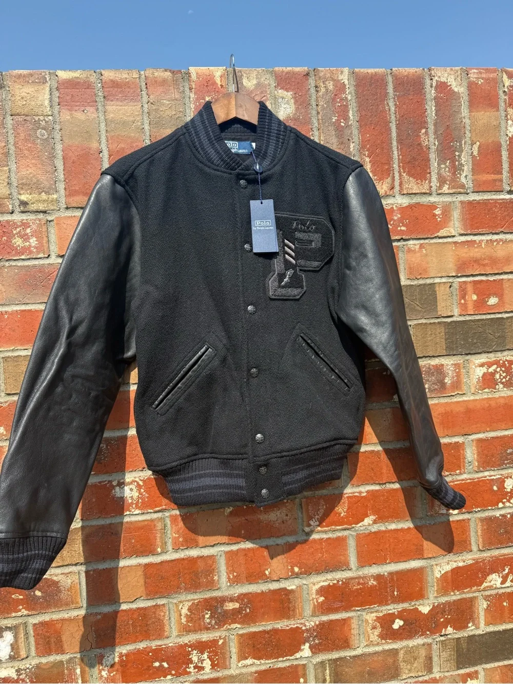 Polo by Ralph Lauren Black Wool and Leather Varsity Jacket